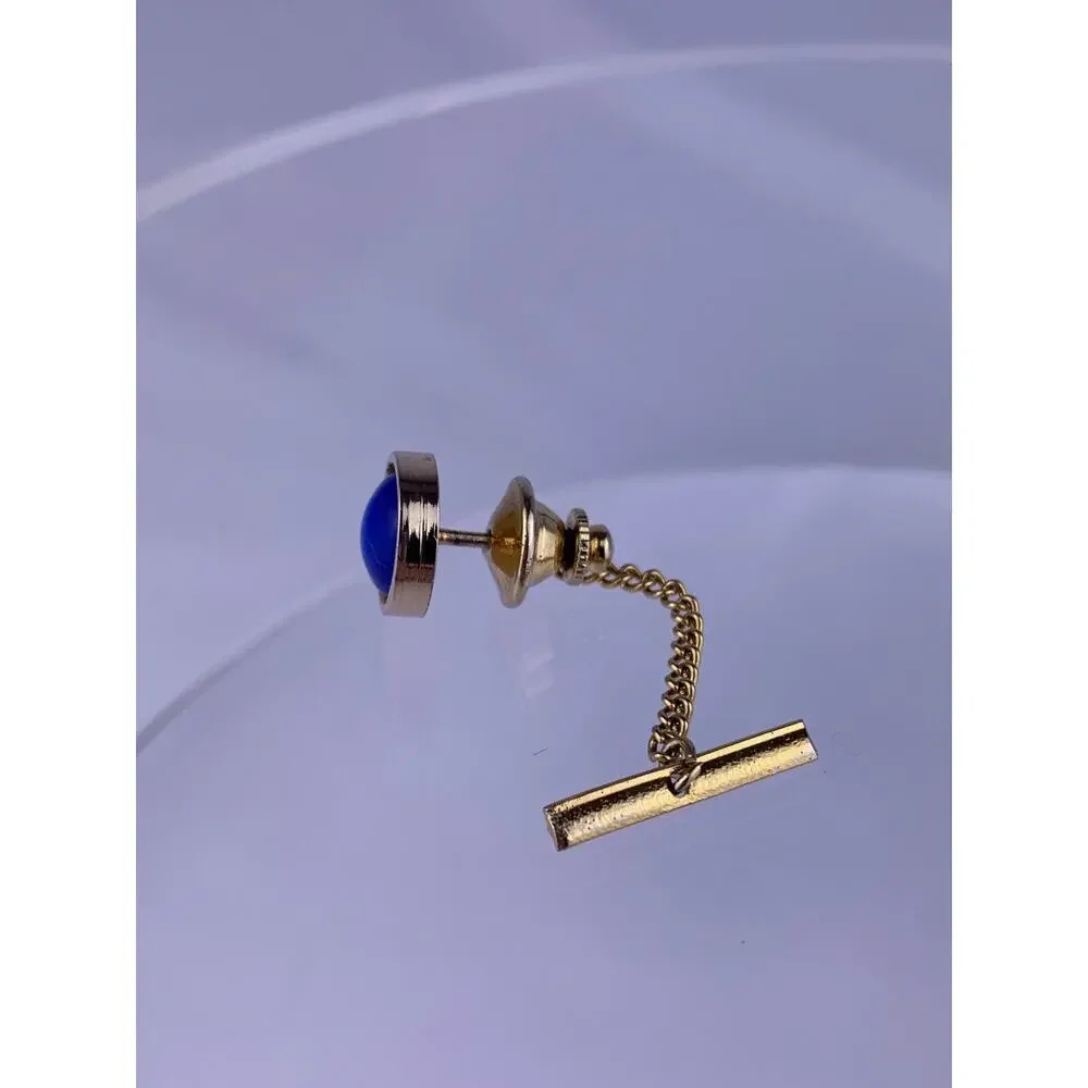 Blue Cabochon Gold Tone Tie Tack Pin Round Simple Formal Wedding Vintage